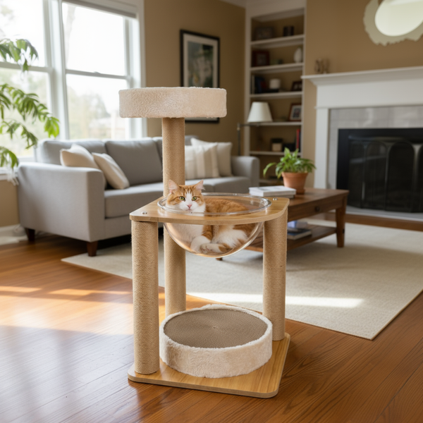 Pawfect Essentials™ Beige/Brown Sisal Cat Scratch Post with Peek-A-Boo Dish