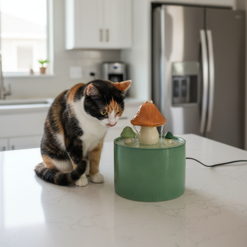 Ceramic Mushroom Pet Water Fountain with Filter & USB Pump