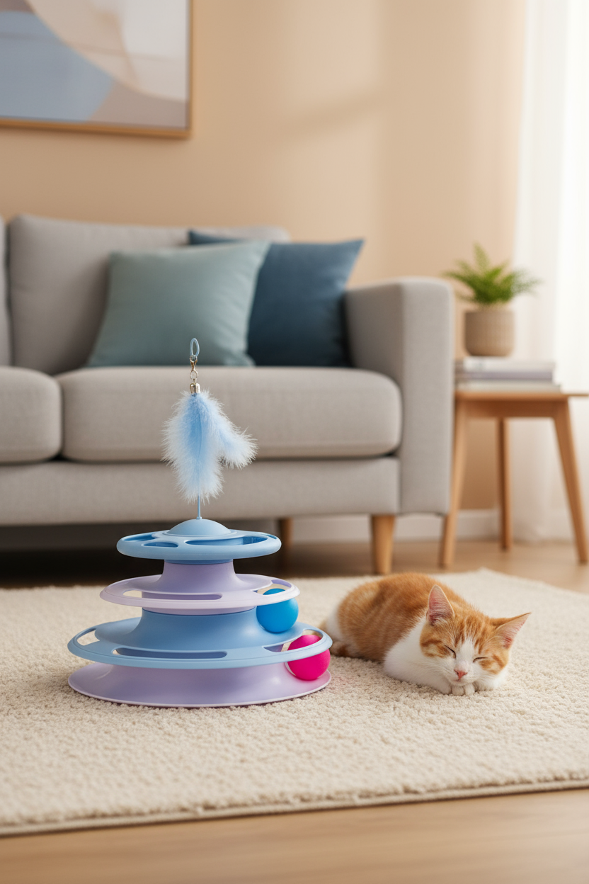 Pawfect Essentials™ 3-Tier ChaseTower + Teaser Wand – Interactive Bat & Swat Combo for Playful Cats (Blue 1)