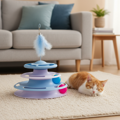Pawfect Essentials™ 3-Tier ChaseTower + Teaser Wand – Interactive Bat & Swat Combo for Playful Cats (Blue 1)