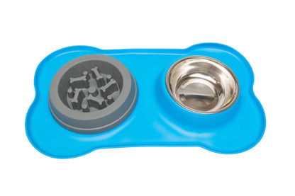 Pawfect Essentials™ BoneBuddy Dual Dish Tray – All-in-One Mealtime Station for Pets (Blue)