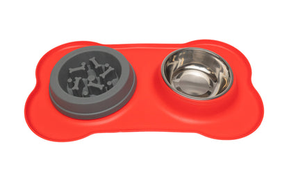 Pawfect Essentials™ BoneBuddy Dual Dish Tray – All-in-One Mealtime Station for Pets (Red)
